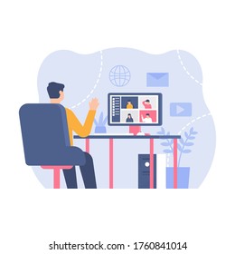 The Concept Of Video Conferencing, Long Distance Calling, Virtual Meetings. A Man Makes A Video Call With His Friend Using A Computer. Flat Design. Can Be Used For Elements, Landing Pages, UI, Website