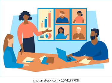 Concept of video conferencing, webinar, virtual meeting. Flat image isolated on white background. Black woman leader holds a conference. Business people in the office and on the screen. Vector.