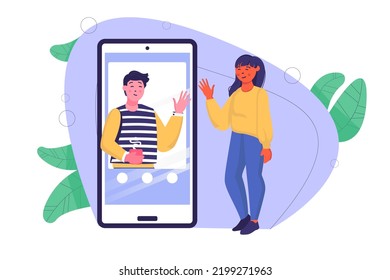 Concept video connection with people scene in the flat cartoon design. Girl communicates with her friend via video call using smartphone. Vector illustration.