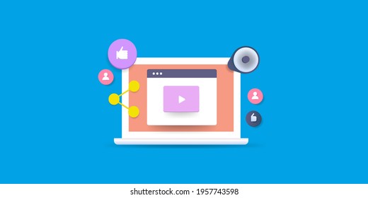 Concept of video content on website, video marketing for social media, video advertising, vlog - conceptual vector illustration with icons on blue background