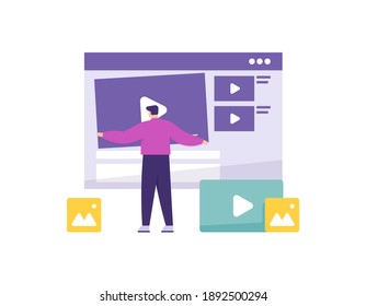 concepto de un editor de vídeo, creador de contenido. ilustración de un hombre subiendo y editando un video. administración digital. estilo plano. elemento de diseño vectorial