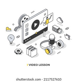 Concept Of Video Lesson As A Teaching Technique In Distant Learning. Vector Isometric Illustration Of Online Education And Learning