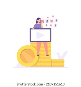 concept of video marketing, advertising with prizes, film business. illustration of people doing promotions through videos. flat cartoon style. vector design. elements, ui, landing page