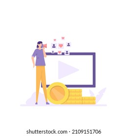 concept of video marketing, advertising with prizes, film business. illustration of people doing promotions through videos. flat cartoon style. vector design. elements, ui, landing page