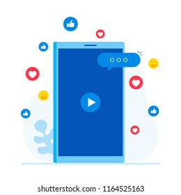 Concept of video marketing, live streaming. Likes, shares and comments popping up on the mobile screen. Modern flat style vector illustration.