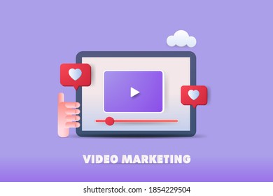 Concept of video marketing, video player, content marketing, Social media marketing with love,like icons vector illustration