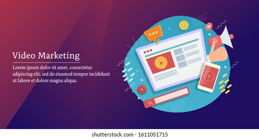 Concept of Video marketing, Sharing video social media, Website video promotion - creative vector banner with icons and texts