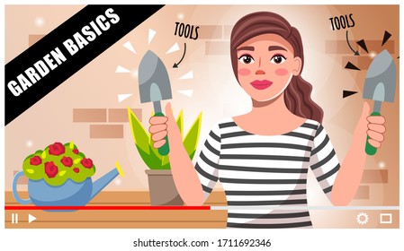 Concept of video player interface. Blogger shooting video about garden basics tools. Professional gardener woman making video tutorial for social networks, internet or vlogs. Cartoon vector style