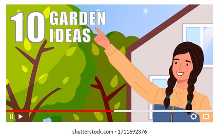 Concept of video player interface. Cute girl with pigtails shoot video of garden ideas. Professional gardener online streaming. Blogger or content creator make video tutorial for internet, social