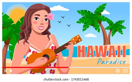 Concept of video player interface. Hawaiian woman with guitar at sea background with palms. Video saver of musical clip. Singer sign song hawaii paradise. Video for internet, social networks, vlogs
