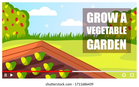 Concept of video player interface. Meadow with green grass, blue sky and rose bushes at the background. Garden with plants. Video tutorial of gardening lifehacks for networks, vlogs. Screensaver