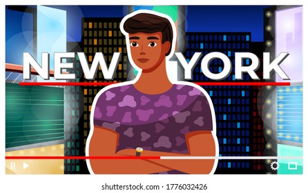 Concept of video player interface. Traveler telling about visited town. Stylish guy with hand clock at night city background. Blogger or content creator making video for internet, social networks