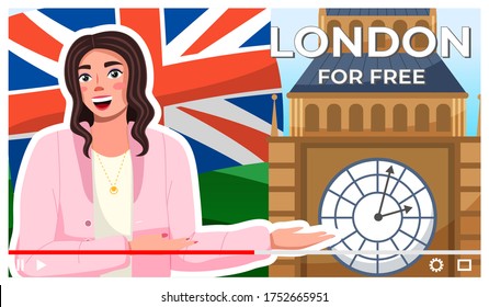 Concept of video player interface. Young girl traveler give some advices to visit free place in London. Lifehack tutorial, saving money. Blogger making video for internet, social networks, vlogs