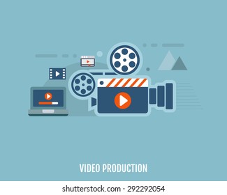 Concept Of Video Production. Camera, Video Editor And Laptop. Flat Design. Vector Illustration.