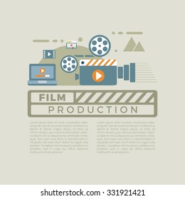 Concept of video production. Camera, video editor and laptop. Flat design. Vector Illustration.