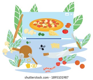 receta de video concepto para hacer pizza. pantalla de dispositivo con una receta de vídeo. cocina en línea. ingredientes y productos. vector plano.