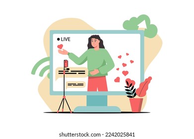 Concept Video streaming with people scene in the flat cartoon design. Famous blogger conducts a live broadcast for its subscribers. Vector illustration.