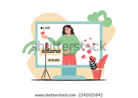 Concept Video streaming with people scene in the flat cartoon design. Famous blogger conducts a live broadcast for its subscribers. Vector illustration.