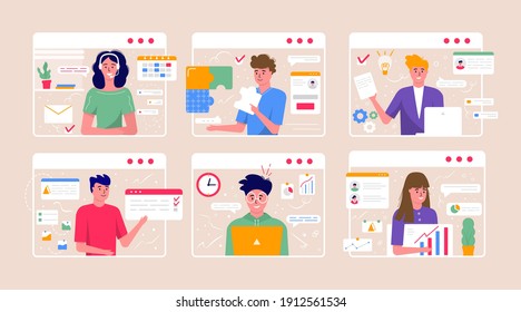 Concepto de videoconferencia y espacio de trabajo en línea para reuniones. Plantilla de diseño con personas de negocios que toman con colegas informes, volantes, marketing, volante, publicidad, folleto, folleto, vector de estilo moderno