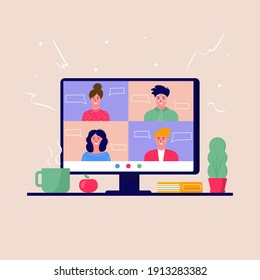 Concept of videoconference and online meeting workspace. Design template with business people taking, education, report, flyer, marketing, leaflet, advertising, brochure, modern style vector