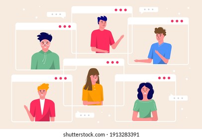 Concept of videoconference and online meeting workspace. Design template with business people taking, freelance, report, flyer, marketing, leaflet, advertising, brochure, modern style vector