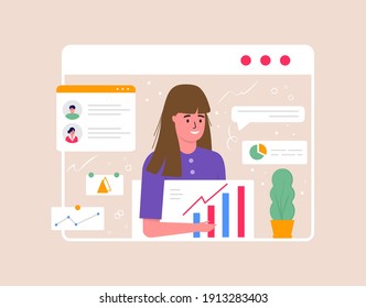 Konzept von Videokonferenz und Online-Tagungsraum. Design-Vorlage mit Geschäftsleuten, Strategieplanung, Bericht, Flyer, Marketing, Broschüre, Werbung, Broschüre, moderne Vektorgrafik
