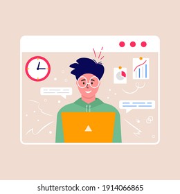 Concept of videoconference and online meeting workspace. Design template with business people taking, strategy planning, report, flyer, marketing, leaflet, advertising, brochure, modern style vector