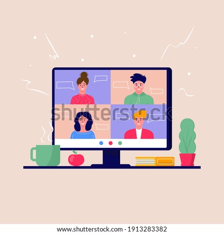 Concept of videoconference and online meeting workspace. Design template with business people taking, education, report, flyer, marketing, leaflet, advertising, brochure, modern style vector