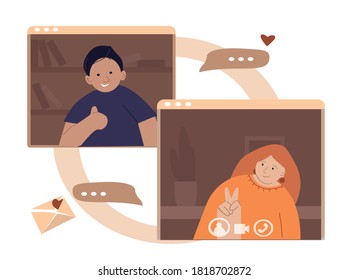 Concept of videoconference and web communication. Man and women work remotely. Vector illustration in flat cartoon style.