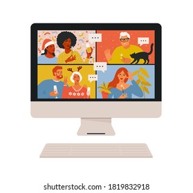 Concepto de videoconferencia y comunicación web. Reunión de equipo en línea. Los hombres y mujeres sonrientes trabajan a distancia y tienen una discusión virtual de Navidad. Ilustración vectorial al estilo de las caricaturas planas.