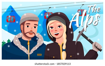Concept of videoplayer interface. Travelers telling about visited place. Young couple travel to Alps. Guy and girl at ski resort on background of ski lift. Bloggers make video for social networks