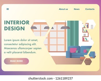 Concept View Interior Desing Living Room at Home. Banner Image Cozy Home Interior. Blue Armchair Stand near a Window with Green Curtain. Stylish Chandelier. Bookshelf. Rest Room Home for Whole Family