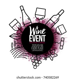 Concept with vineyard and wine icons. Wine stains background. outline icon for wine glass, bottle, lips, vineyard, corkscrew, bunch of grapes and vine leaf.