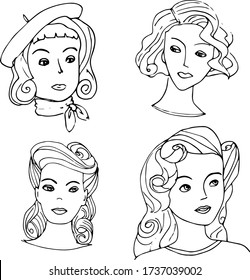 Concept of vintage hairstyles set of four