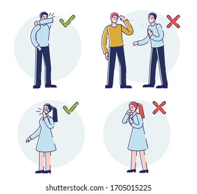 Concept Of Viral Infection Protection. Infographic With Rules How To Sneeze Correctly During Coronavirus Epidemic. People Sneeze In Public Place. Cartoon Linear Outline Flat Style Vector Illustration