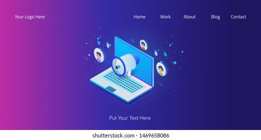 A concept of viral marketing with megaphone symbol on laptop screen, digital marketing conceptual isometric banner