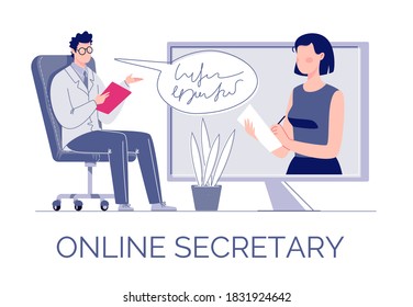 El concepto de asistente virtual o secretario. Tecnologías de Internet. Un profesional presta servicios de secretaría a un joven empresario sin estar presente en la oficina. Ilustración vectorial.