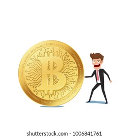 Concept of virtual business digital crypto mining bitcoins. Businessman holds golden bitcoins. Cartoon Vector Illustration 