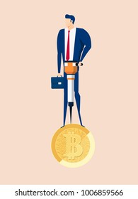 Concept of virtual business digital crypto mining bitcoins. Businessman holds jackhammer mining bitcoins. Cartoon Vector Illustration 