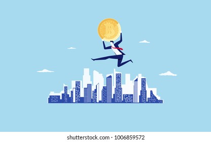Concept of virtual business digital crypto mining bitcoins. Businessman holds golden bitcoins jump over the city scene. Cartoon Vector Illustration 