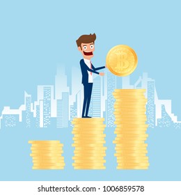 Concept of virtual business digital crypto mining bitcoins. Businessman holds golden bitcoins and putting in the pile. Increasing capital profits Wealth and savings growing. Vector Illustration