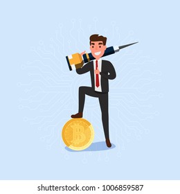 Concept of virtual business digital crypto mining bitcoins. Businessman holds jackhammer mining bitcoins. Cartoon Vector Illustration 