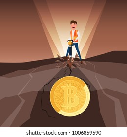 Concept of virtual business digital crypto mining bitcoins. Businessman mining bitcoins from rock with jackhammer. Cartoon Vector Illustration 
