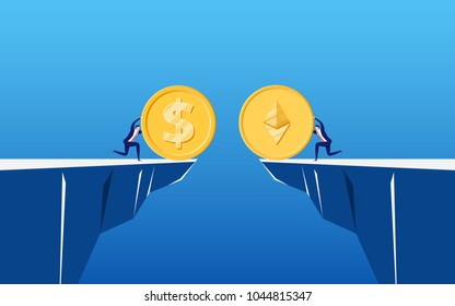 Concept of virtual business digital Ethereum cryptocurrency. Business people holds golden Ethereum to exchange on cliff. Cartoon Vector Illustration