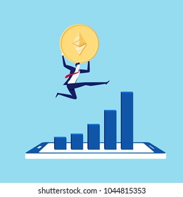 Concept of virtual business digital Ethereum cryptocurrency. Businessman holds golden Ethereum jump over the growth graph on smartphone. Cartoon Vector Illustration