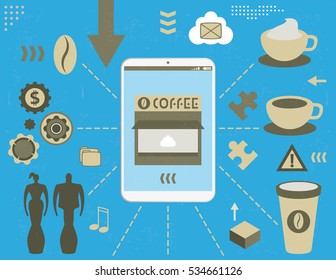 Concept of virtual coffee business inside smartphone, with infographics elements and grunge texture.