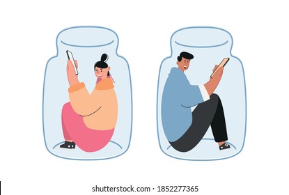The concept of virtual communication. The girl holds the phone in her hand. Personal space of an introvert. Psychology of interaction. Vector illustration of loneliness