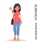 Concept of virtual communication social networking. The girl looks in a smartphone. Vector illustration in cartoon style