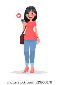 Concept of virtual communication social networking. The girl looks in a smartphone. Vector illustration in cartoon style