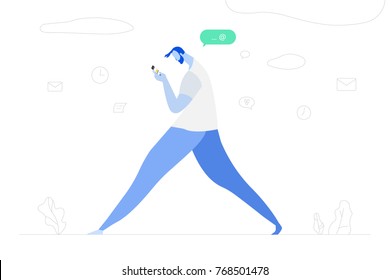 Concepto de comunicación virtual, redes sociales. El hombre mira en un smartphone. Ilustración vectorial en estilo de caricatura
